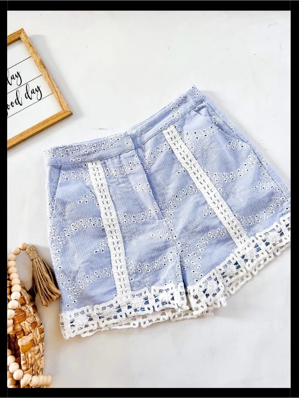 NWT Embroidered Light Blue Lace-Trim Bermuda Shorts